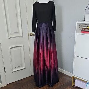 Black Long Sleeve Dress with Ombre Burgundy to Purple Satin Skirt